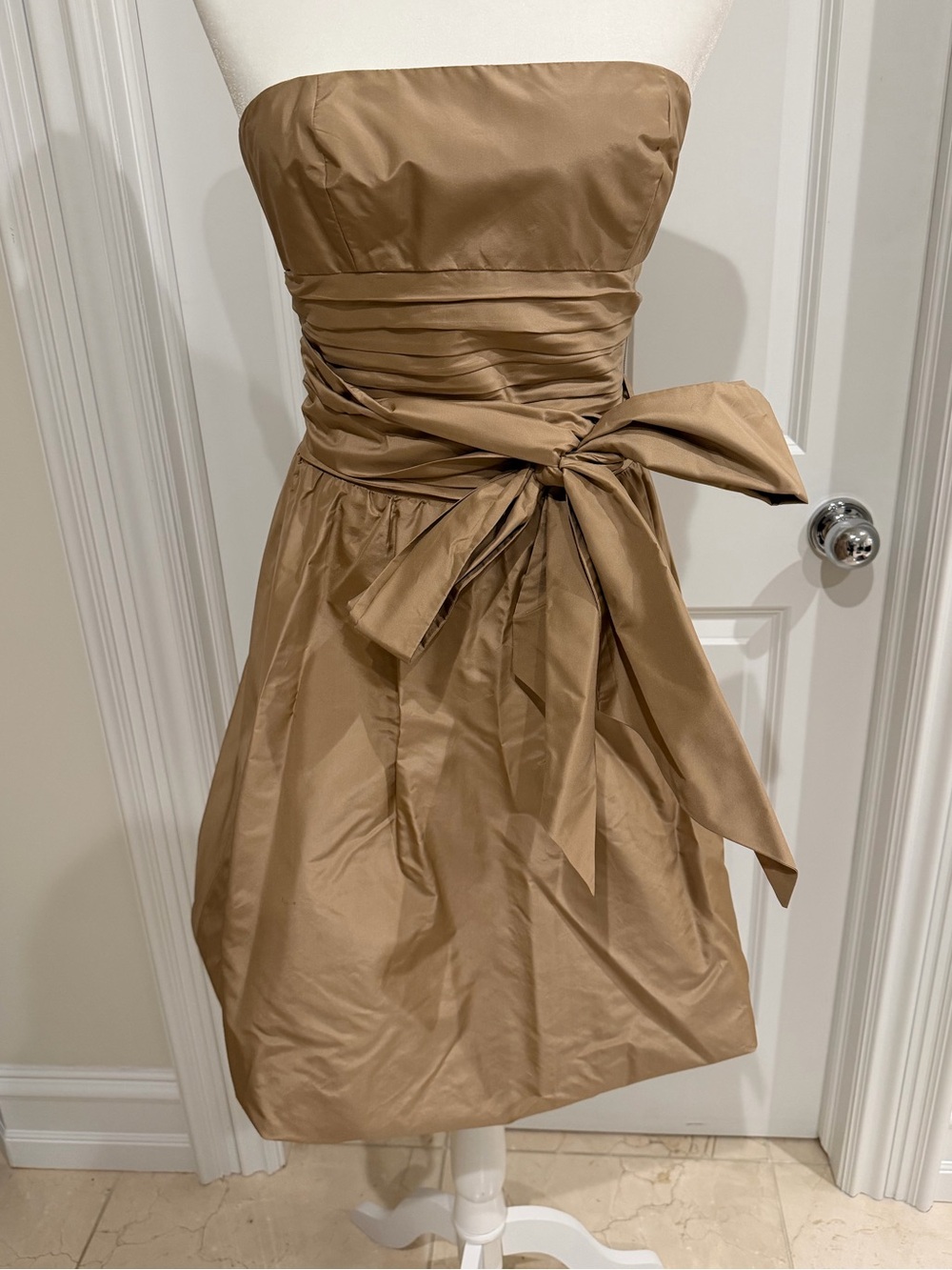 BCBGMaxAzria Strapless Tan Satin Bow Cocktail Dress